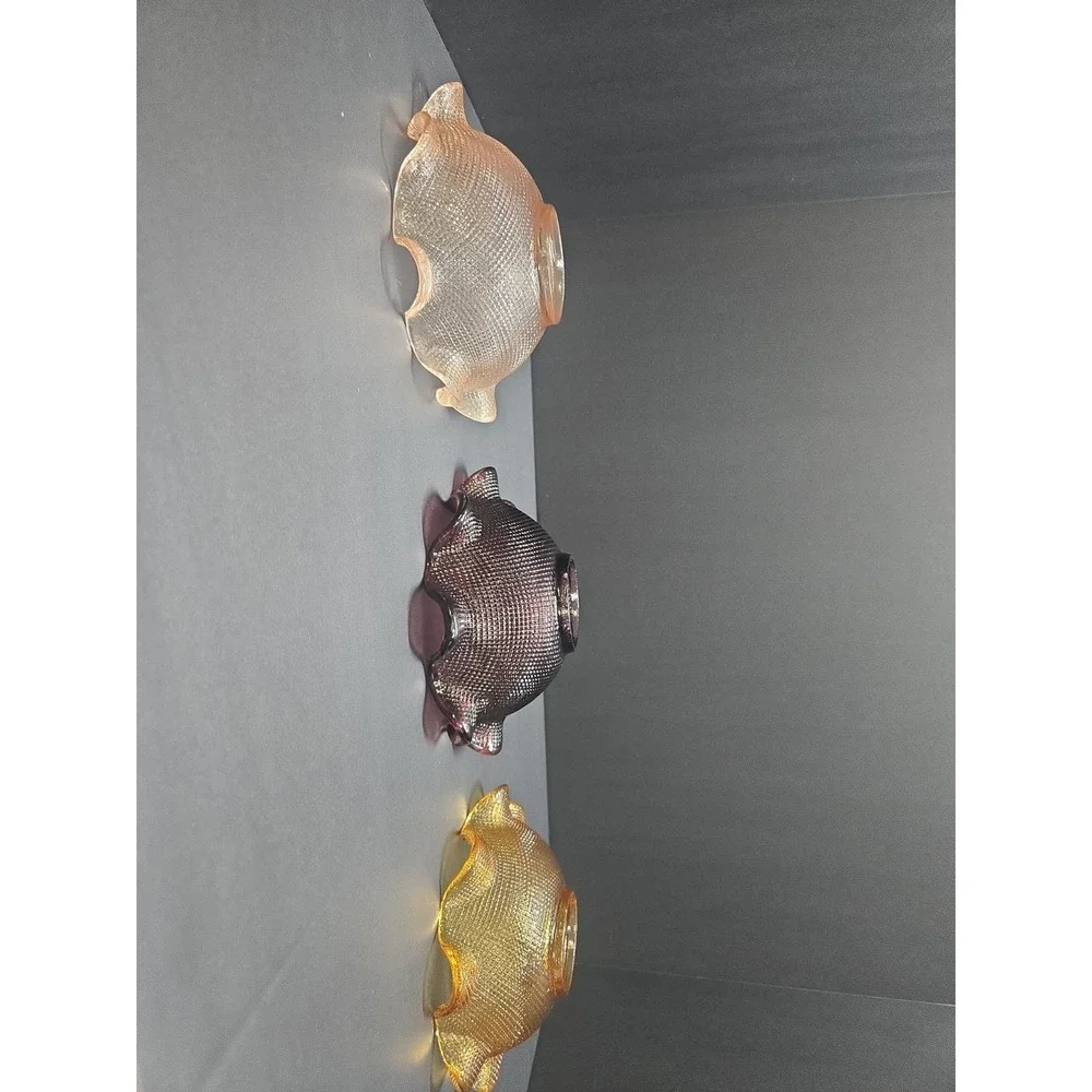 Vintage Colony Waffle Glass Nesting Bowls Set of 3 Pink Amber‎ Purple Ruffled
